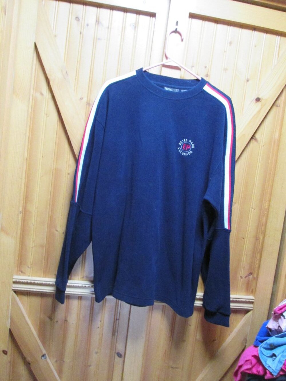 MENS VTG SKI PULLOVER FLEECE RACING STRIPES ARM ESTES PARK COLORADO TECH STYLE